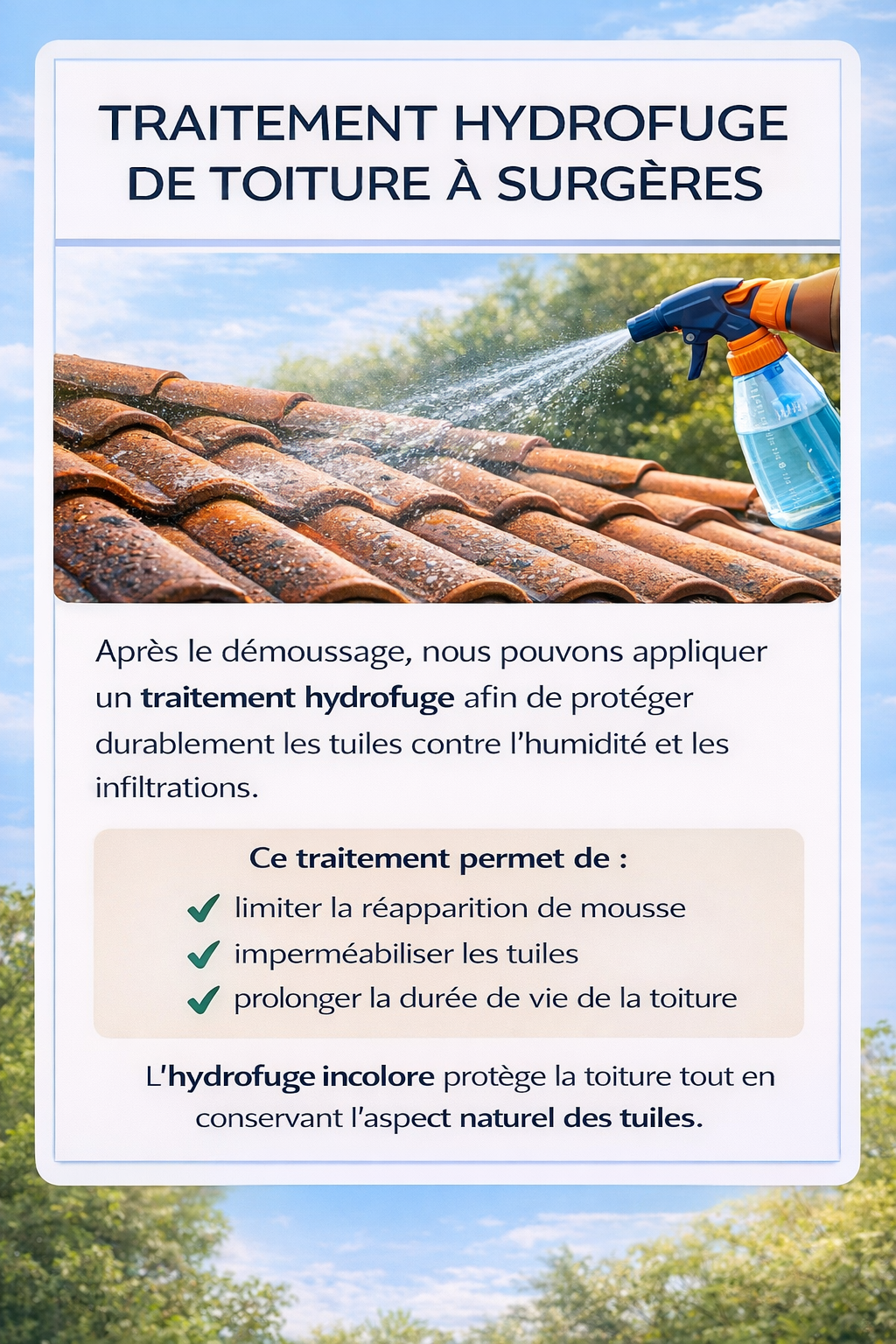 Traitement hydrofuge de toiture en tuiles après démoussage à Surgères en Charente-Maritime 17