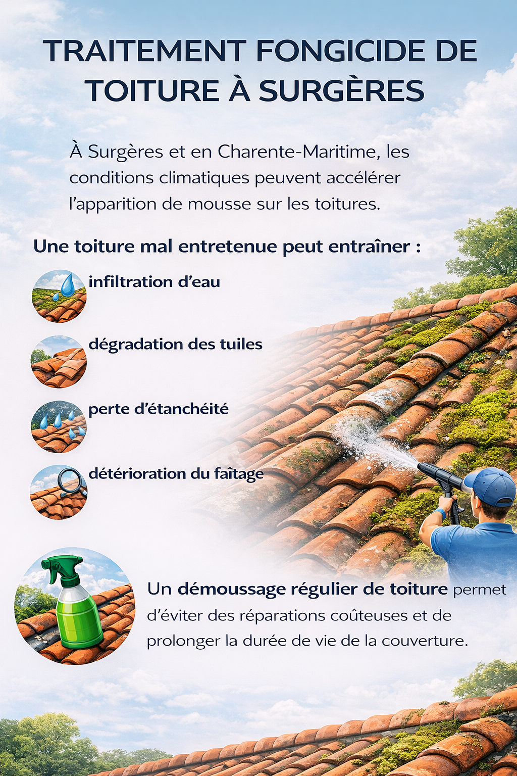 Traitement fongicide et démoussage de toiture en tuiles à Surgères en Charente-Maritime 17