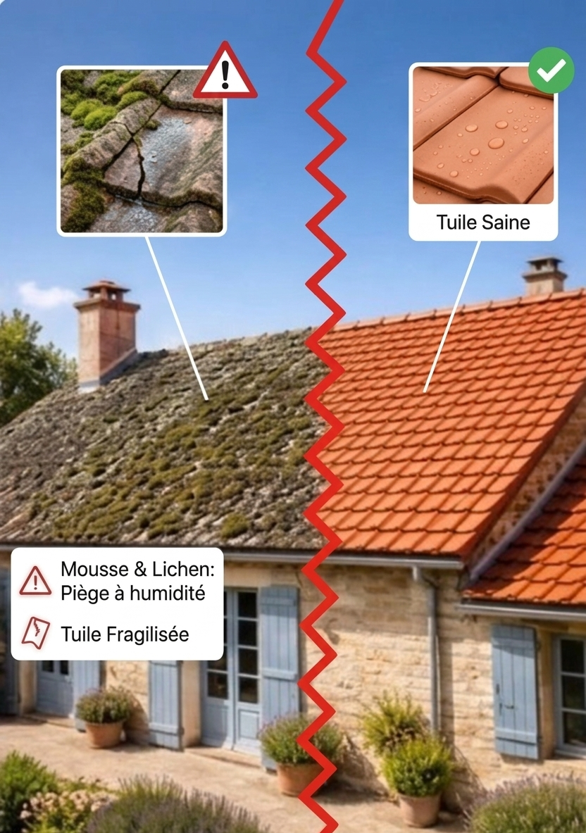 Avant après démoussage de toiture en tuiles réalisé à Surgères en Charente-Maritime 17