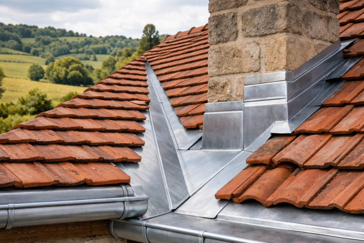 Détail d’une noue en zinc sur toiture en tuiles canal en Charente-Maritime