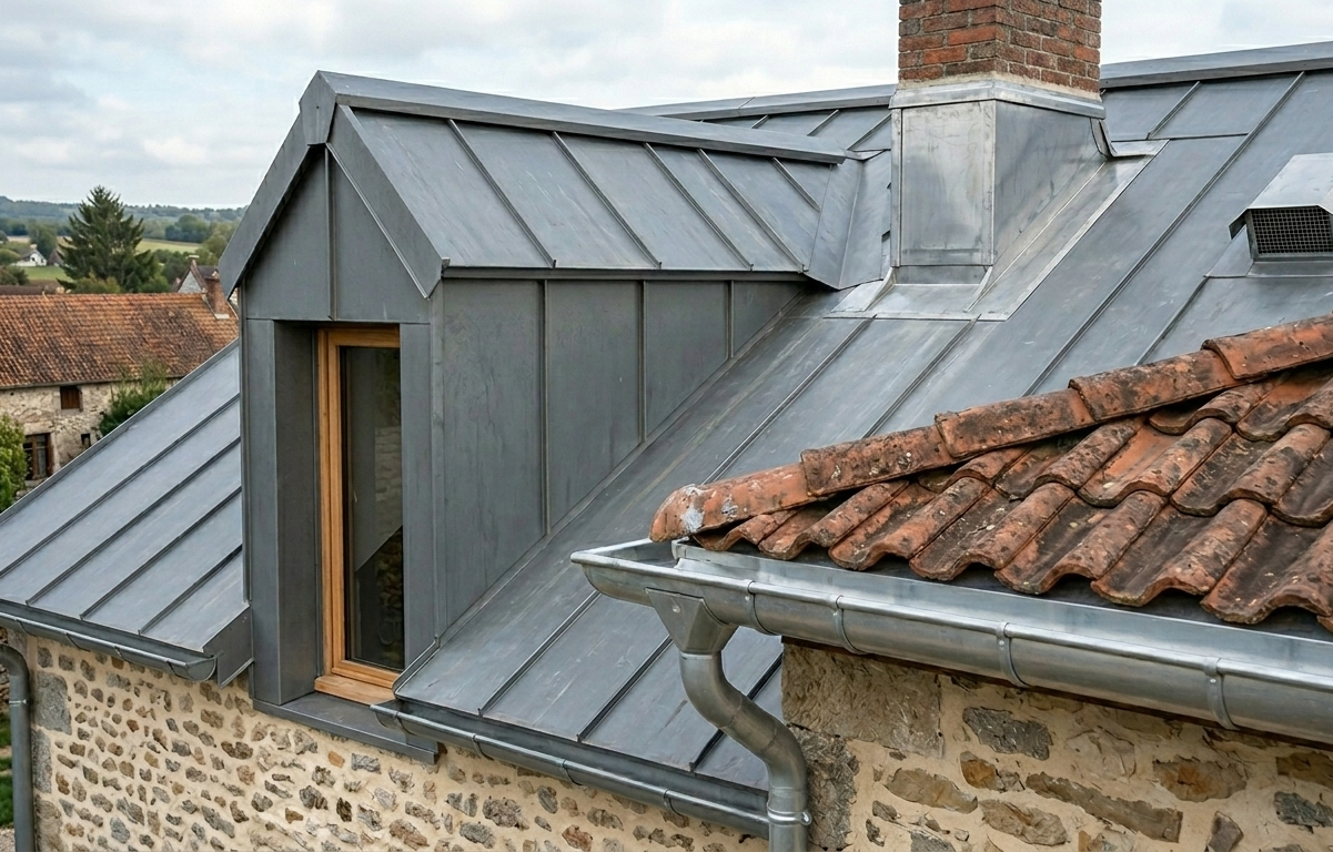 Longue noue en zinc sur toiture mixte à Surgères en Charente-Maritime