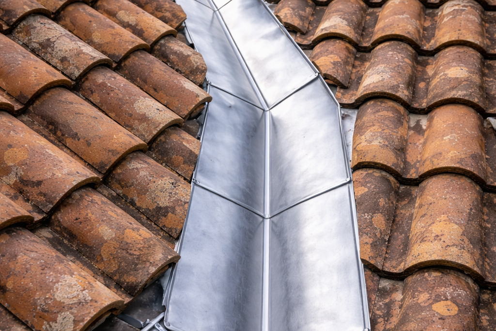 Noue en zinc entre tuiles anciennes sur toiture à Surgères en Charente-Maritime